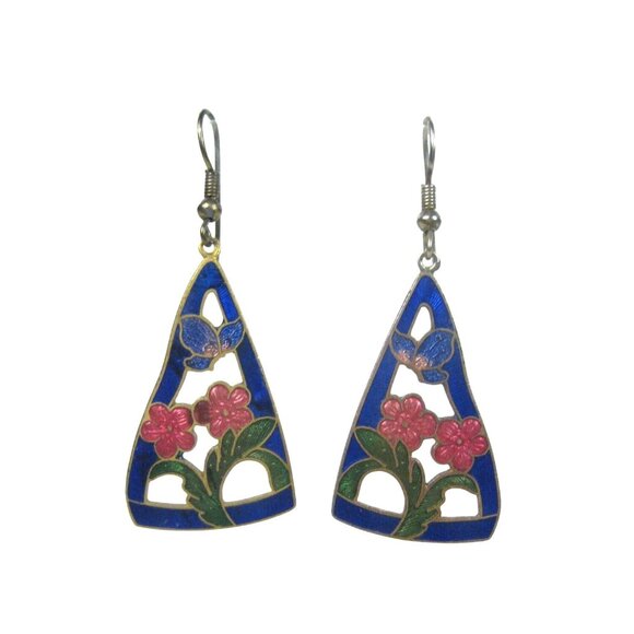Vintage Cloisonne Floral Triangle Earrings Enamel Floral Butterfly Gold Tone - Picture 1 of 6